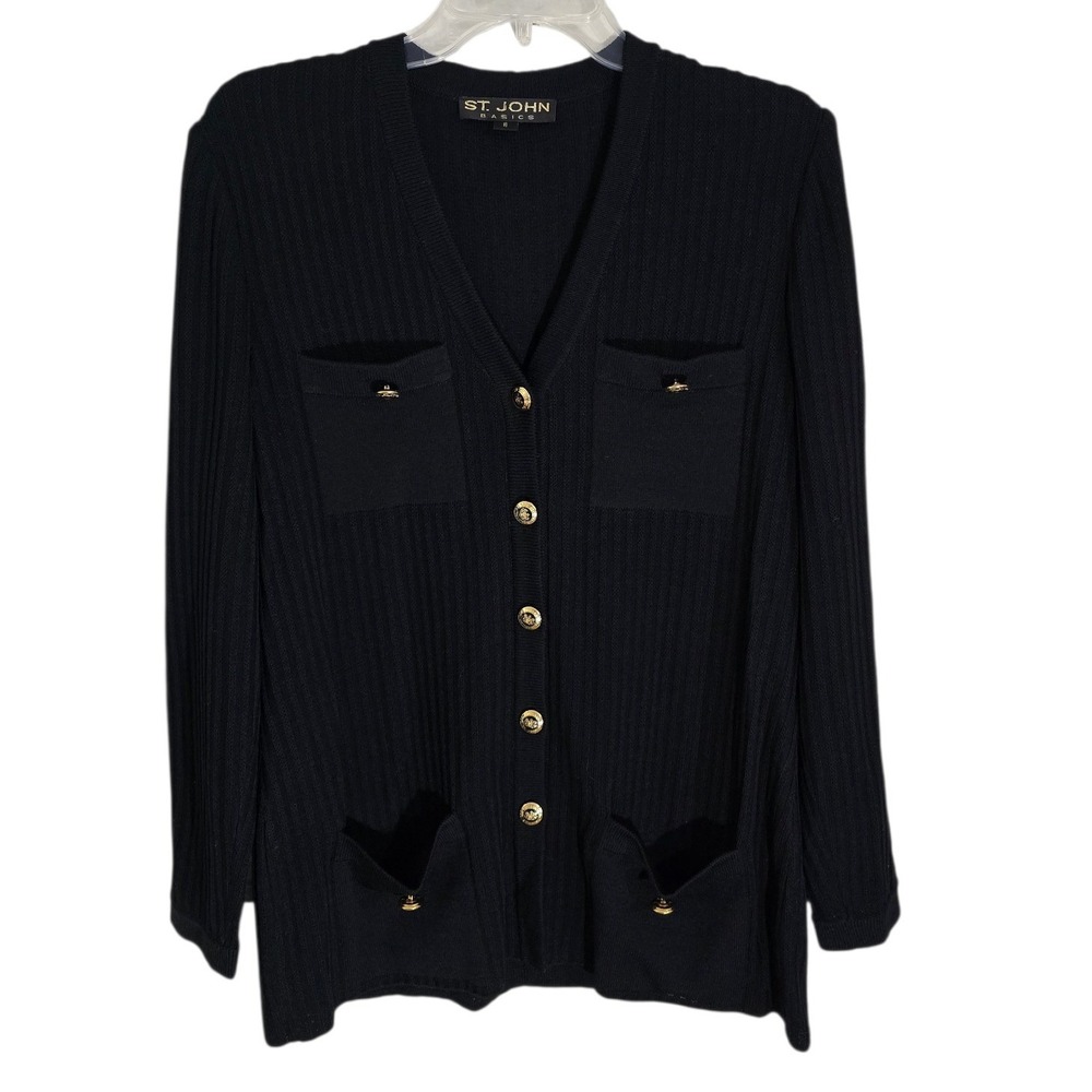 St John Basics Black Ribbed Knit Cardigan Gold Crest Button Sweater USA Womens 8